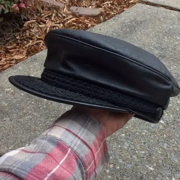 Vintage New York Winner Black Leather Newsboy Fisherman Moto Captain Hat - Picture 3 of 11